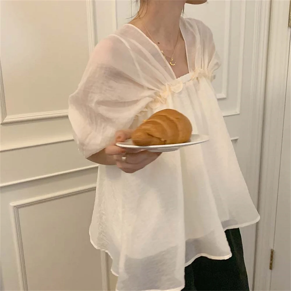 

Alien Kitty 2021 OL Apricot Casual Loose Women Sweet Chic Blouses Girls Hot Femme Square Collar Elegant Slim Shirts Summer Tops