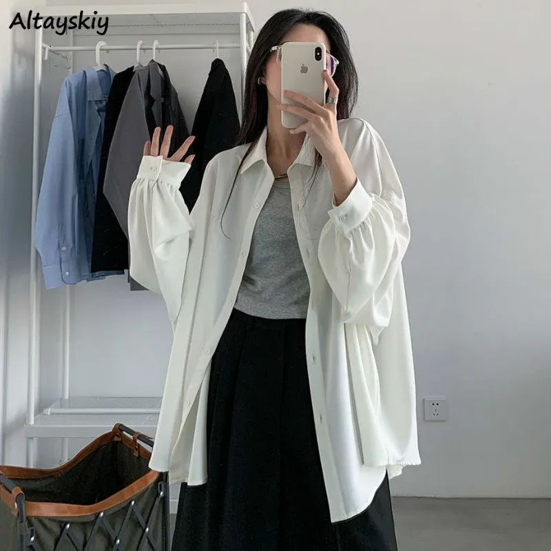 

Long Sleeve Blouses Women Solid Turn-down Collar Classic Simple Korean Style Outwear Fashion Loose High Quality Females Spring