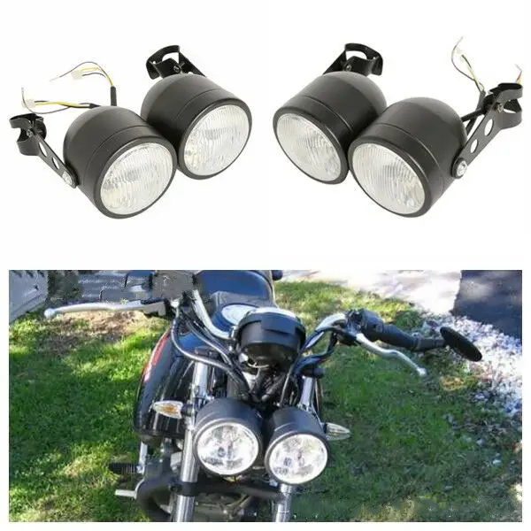 12V Dual Front Lamp Twin Headlight W/ Bracket For Street Fighter Naked Motorcycles Dual Sport Fat Boy Softail Sport Dirt Bike