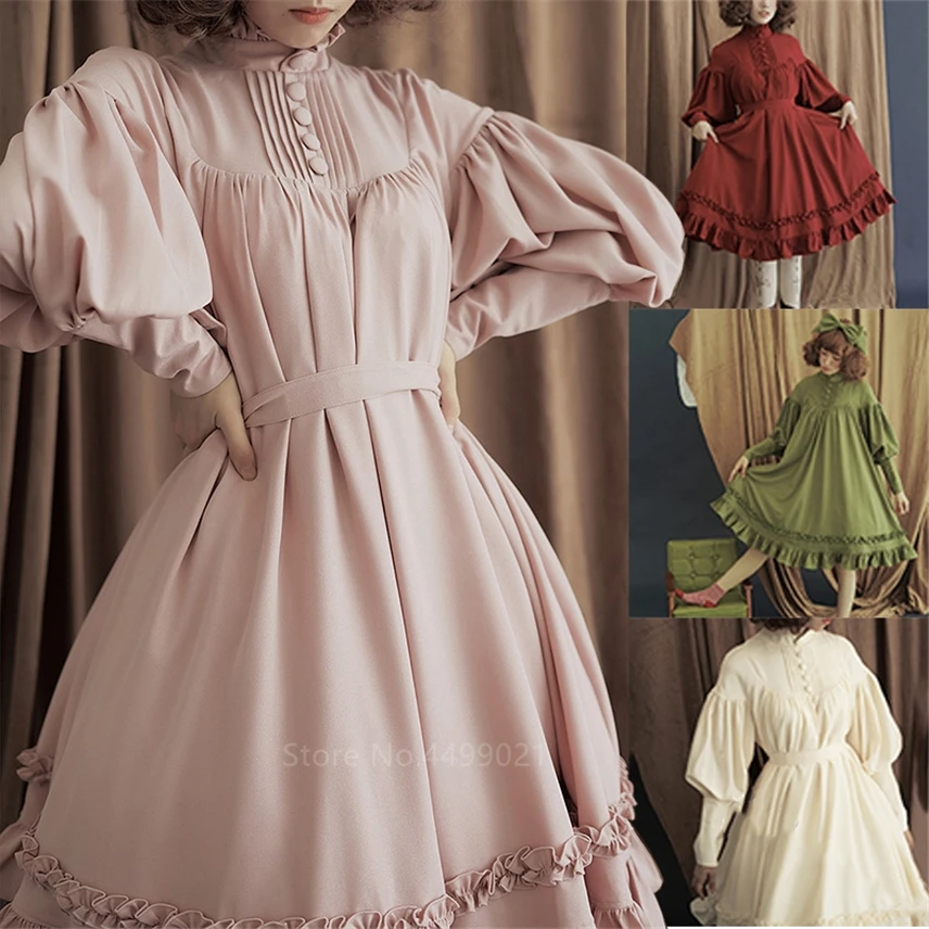 

Woman Kawaii Lolita Dress Solid Girls Lovely Long Sleeve Vintage Gothic Japanese Princess Cosplay Lace Up OP Dresses