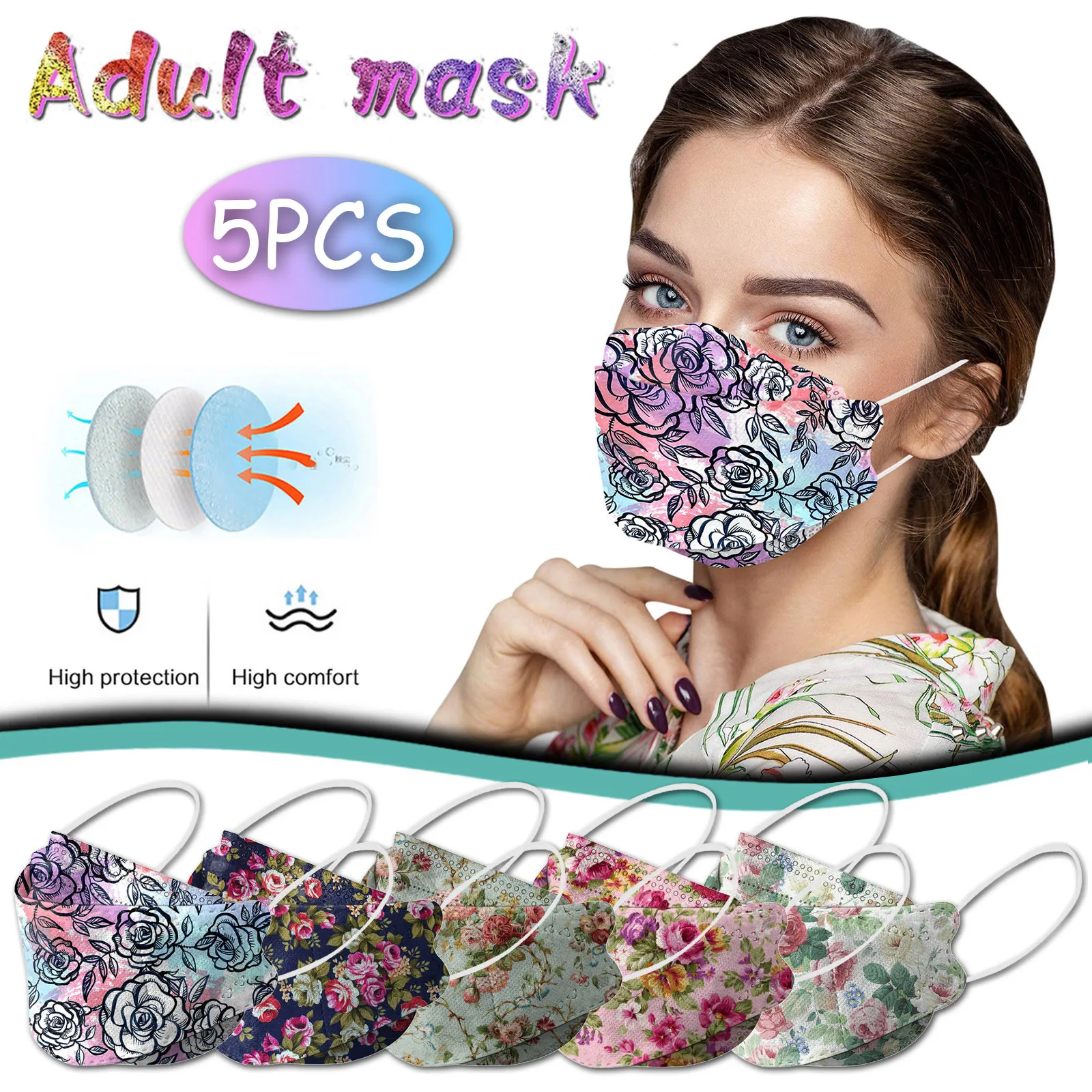 

5/10/30pcs Anti Dust Mask Mascara Descartavel Disposable Mask Adult Unisex Adult Floral Print Protective Mask Halloween Cosplay