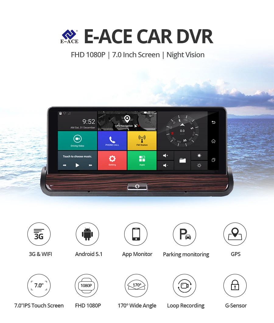 E-ACE Dashcam 3g Автомобильный видеорегистратор gps Навигация 16G авто камера Android 7,0 дюймов зеркало заднего вида FHD 1080P видео рекордер Wifi Bluetooth