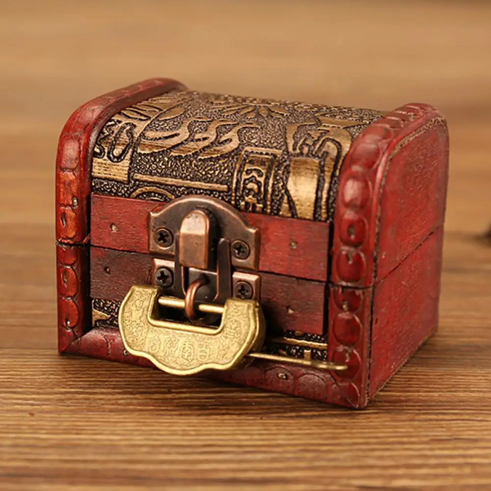 Vintage Treasure Chest Wooden Jewelry Trinket Storage Box Case Holder with Lock Pearl Ring Wooden Treasure Chest Organizer