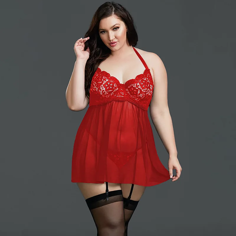 

Plus size women's sexy nightdress, plus size underwear lace sleeveless nightgown, see-through underwear nightdress set M-5XL