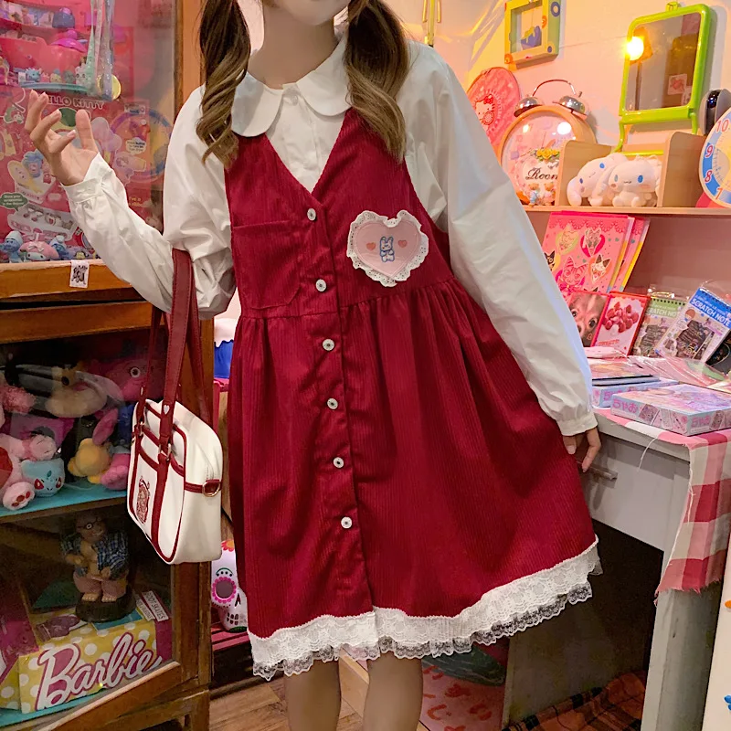 

Preppy Style Sweetheart Japanese Sweety Soft Girly Mini Dress Kawaii V-Neck Lace Cute Vintage Sleeveless A-Line Camisole Dresses
