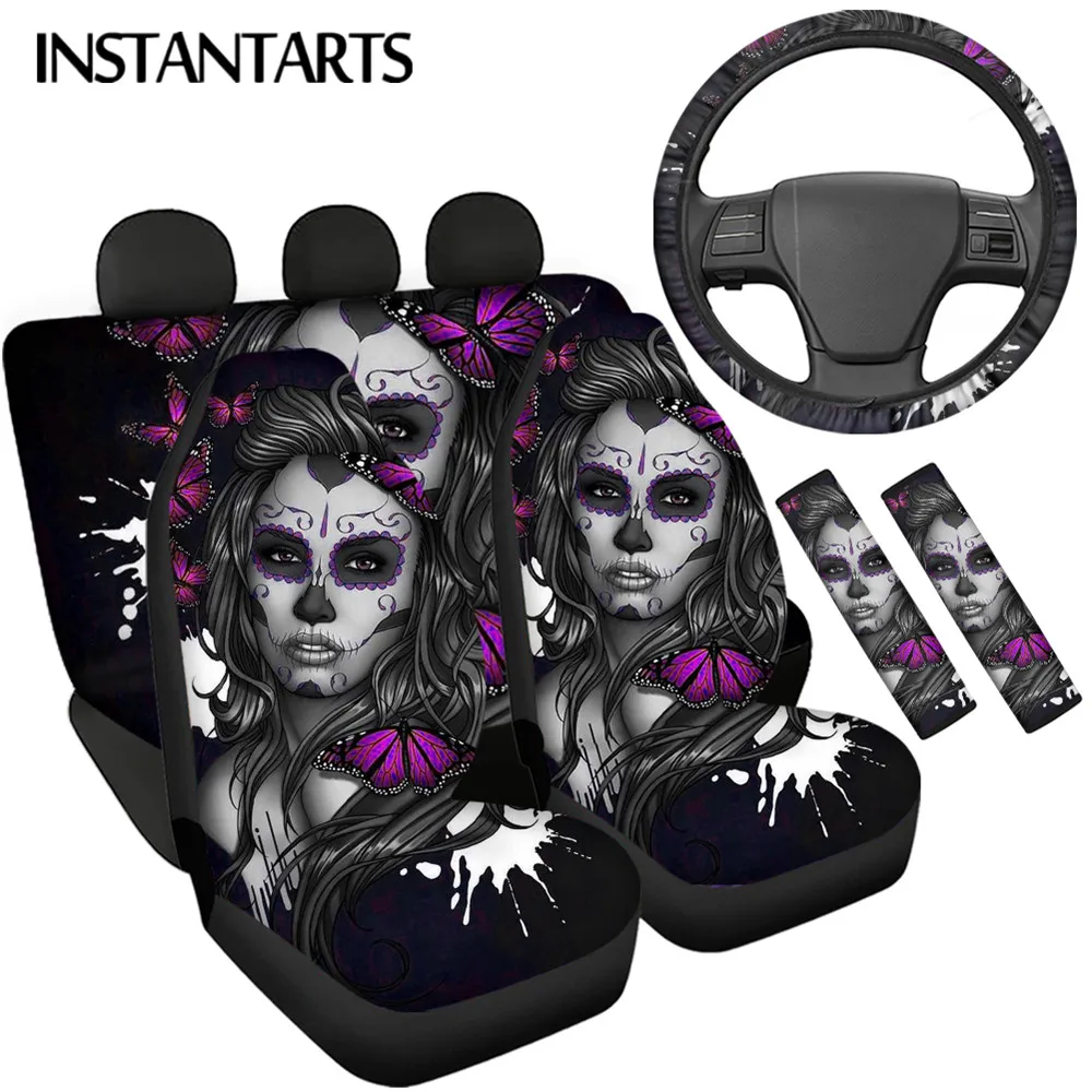 

INSTANTARTS Butterfly Sugar Skull Print Comfortable Front&Rear Car Seat Cover Washable Steering Wheel Cover Soft Seatbelt Covers