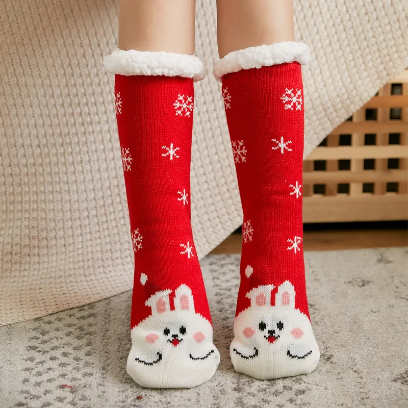 

Winter Women's Warm Lamb Wool Socks Thick And Comfortable Fuzzy Wool Lined Slippers Bed Socks Non Slip Warm Mid Tube Cute Socks