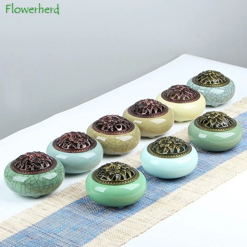 

Керамическая фарфоровая курильница, целадон с полым покрытием, курильница для благовоний, дорожная буддийская курильница из сандалового д...