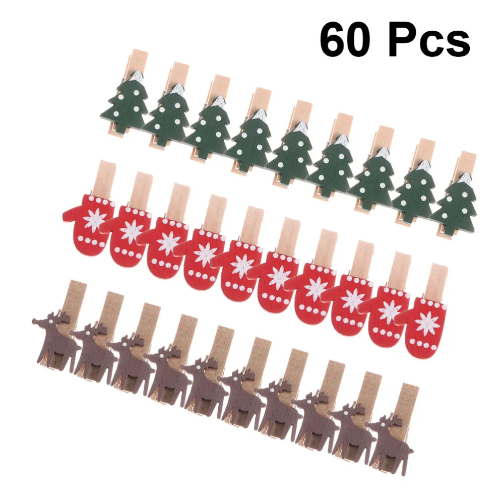 

60pcs Christmas Series Wooden Clip Lovely Paper Photo Holder Cartoon Photo Clips for Home Bedroom