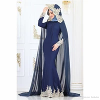 navy blue mermaid muslim evening dress with caped 2022 elegant dubai arabic prom dresses appliques vintage long sleeve robes