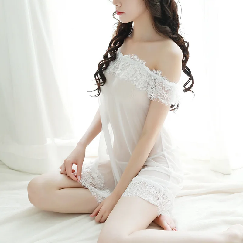 

New European and American Erotic Lingerie Women's Lace Temptation Sexy Pajamas One-Shoulder Perspective Nightdress