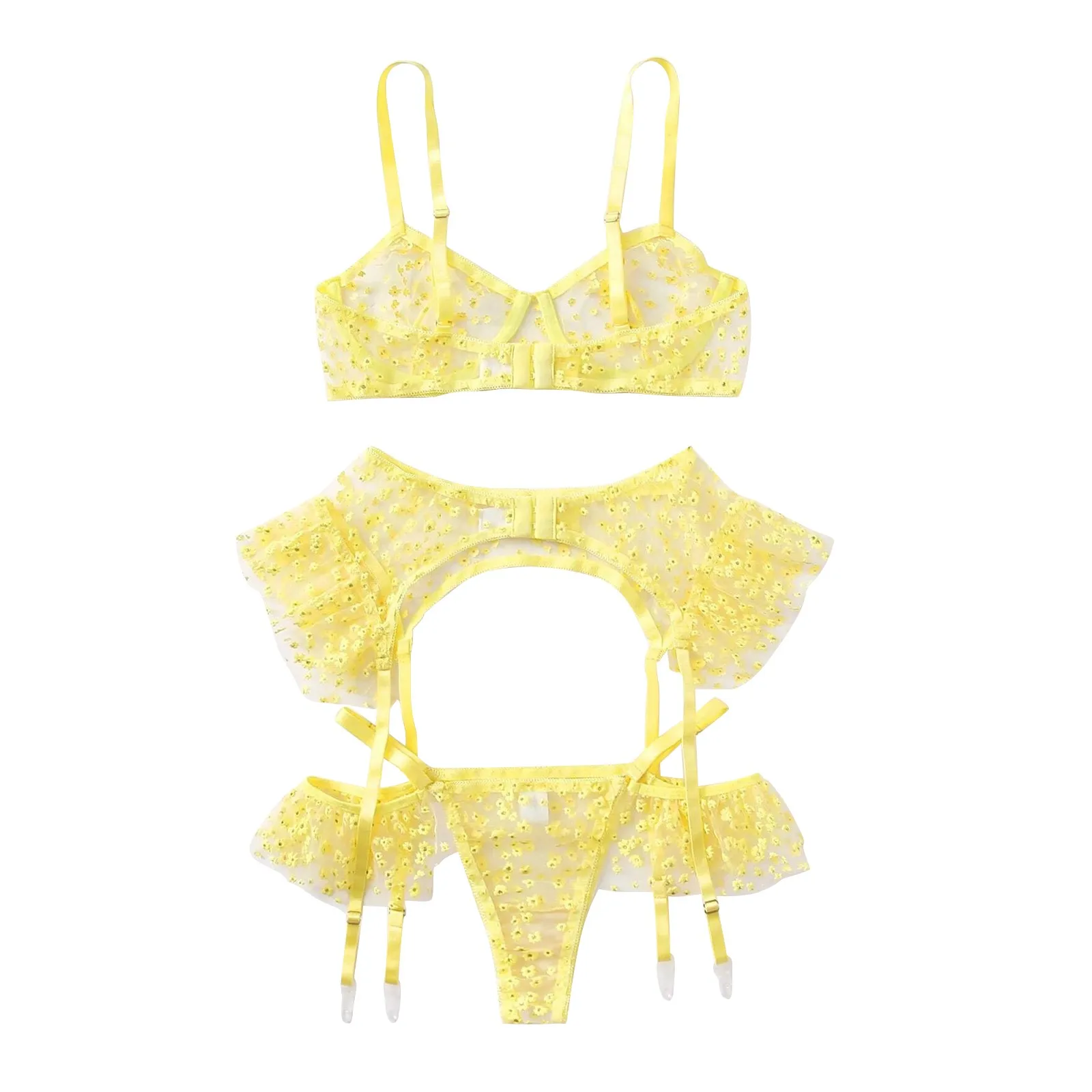 

Sexy Pure Yellow Underwire Bra Embroidery Thong Garter Belt Temptation Perspective Erotic Underwear Women Lingerie Set