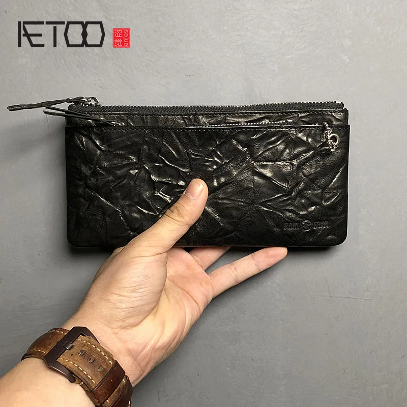 

AETOO Men's wallet, long folds hand-caught multi-function card zero wallet, sheepskin zipper phone bag