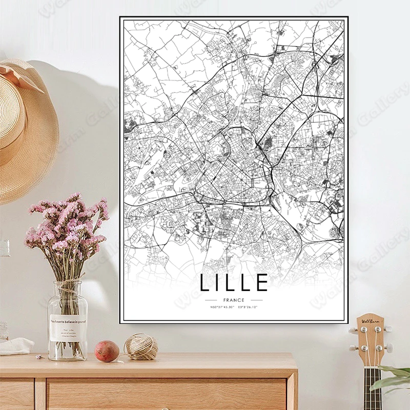 Черно-белая карта французского города Лилль Плакат HD Печать настенное Искусство