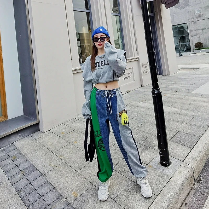 High waist Straight Pants Women Embroidered Plush smiley patch Fashion Denim Spliced Sweatpants Casual Joggers Long Trousers