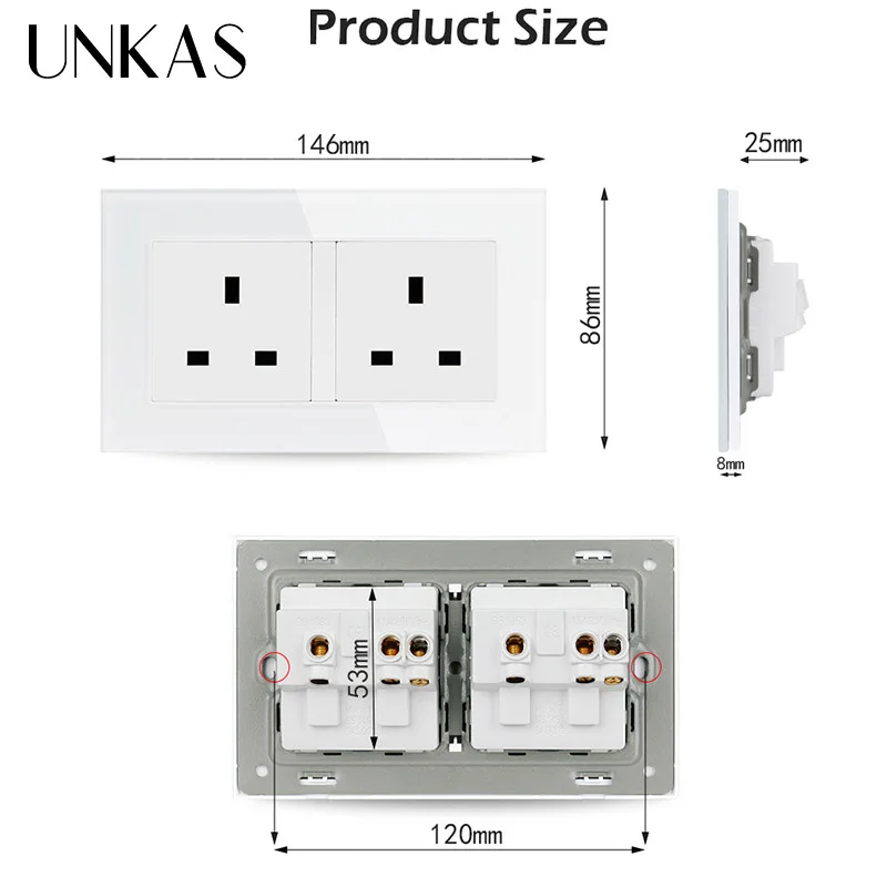 UNKAS Double 146*86mm UK Standard Wall Socket Crystal Glass Panel Power Outlet Grounded AC 100~250V Siamesed Design | Обустройство
