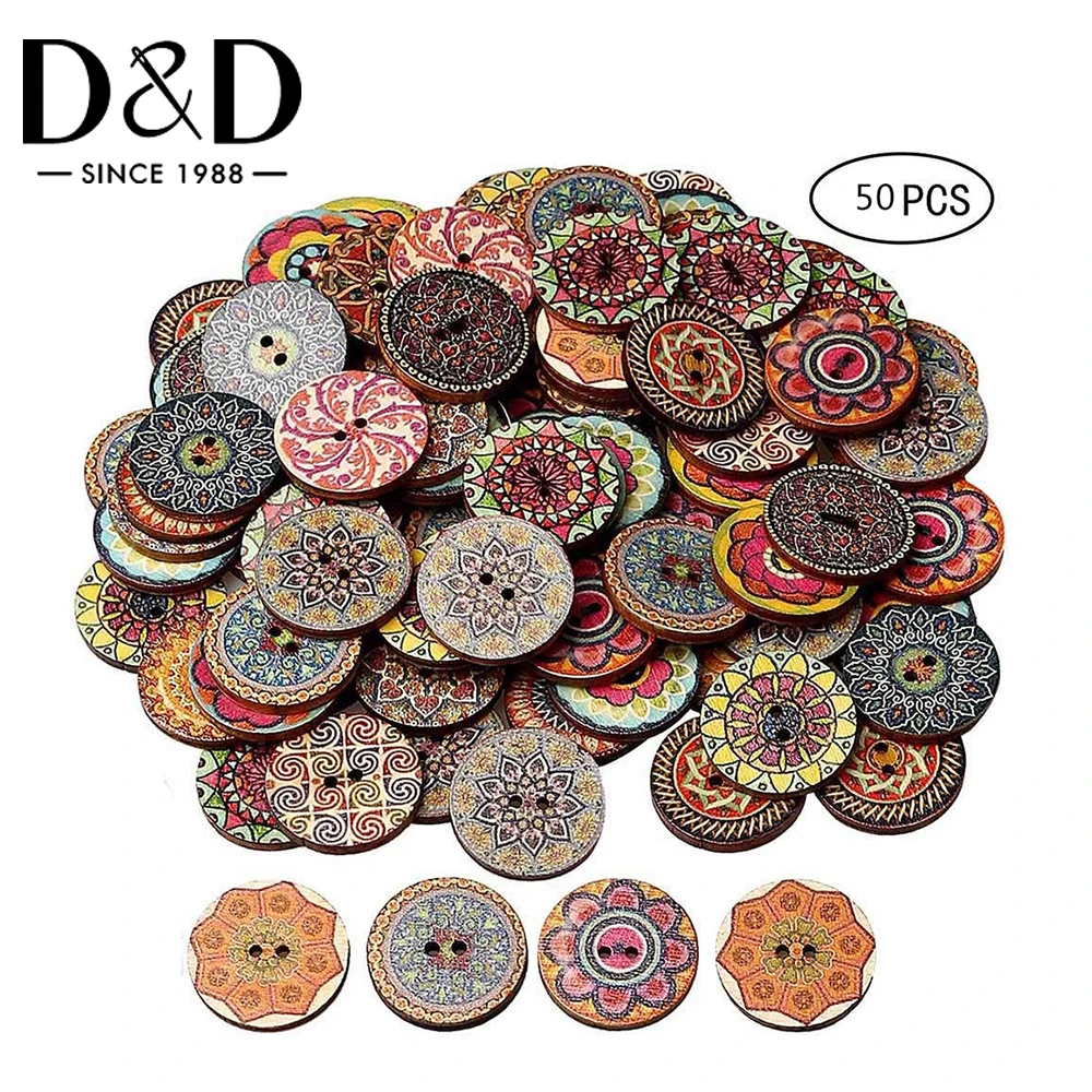 

50pcs Vintage Wooden Buttons 2 Holes 15/20/25mm Mixed Buttons for Clothes DIY Buttons Decorative Clothing Craft Sewing Tools
