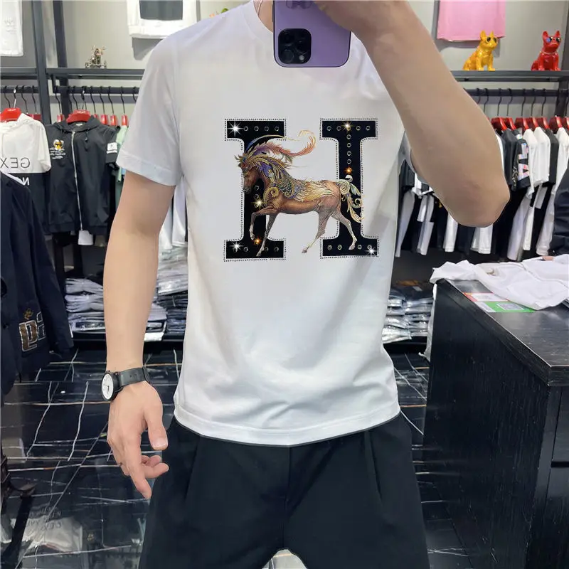 

2021 summer new men's short-sleeved t-shirt letter printing hot drilling round neck fashion mercerized cotton white top T-shirt