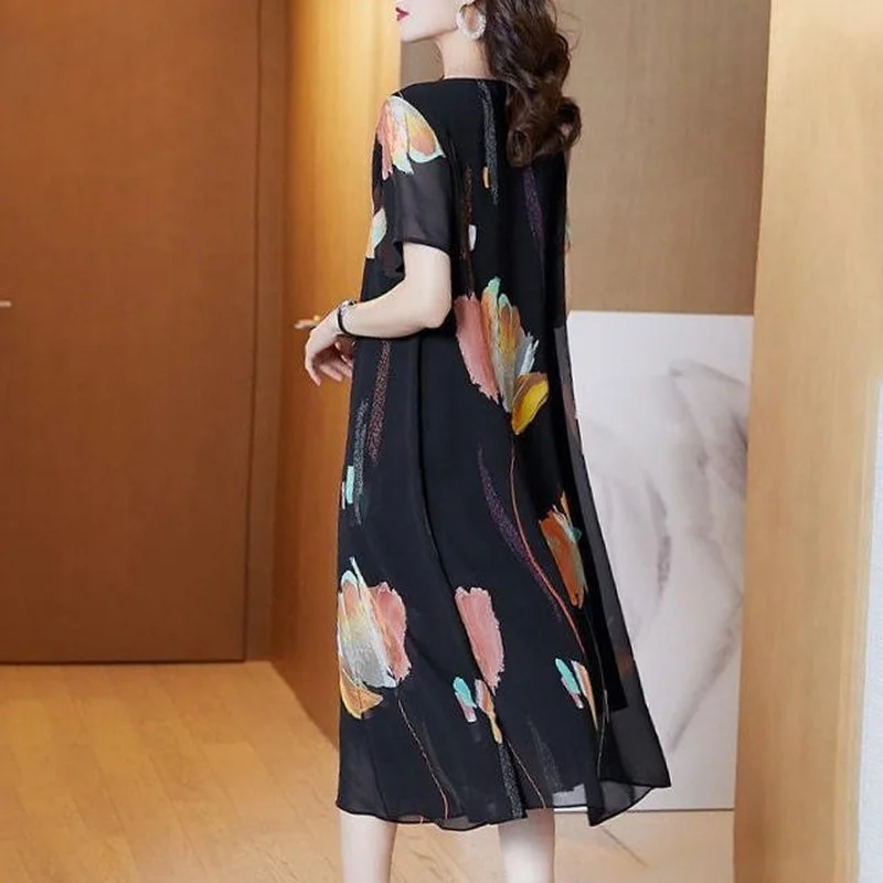 

2021 Summer Women Clothing Middle-aged Chiffon Dress Fashion Elegant Casual O Neck Print Short Sleeve Dress Female Vestidos X26