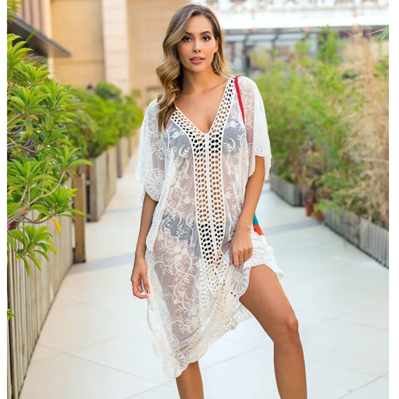 

Pareo for The Beach Tunic Cover-ups 2021 Summer Dress Sexy Robe Beachwear Female May Dress Brown Bikini V Neck Loose Dresses