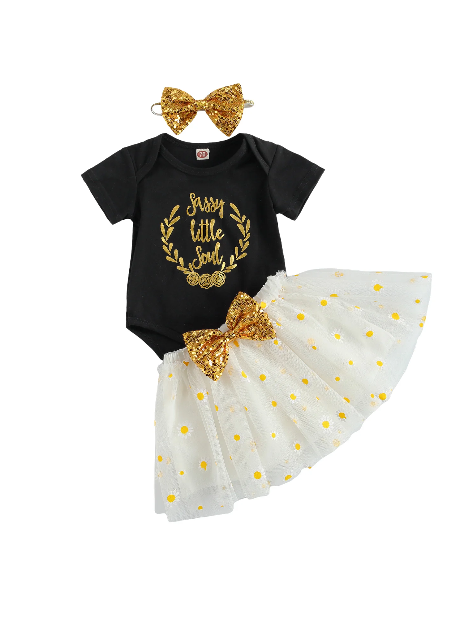 

Комплект одежды для девочек из 3 предметов, комбинезон с коротким рукавом и буквенным принтом и Тюлевая юбка с принтом Маргариток и повязка ...