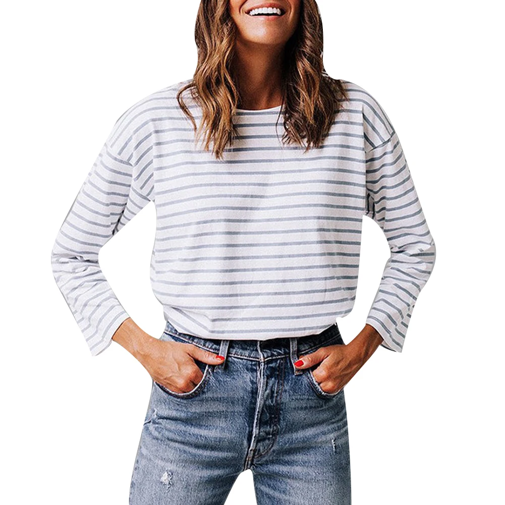 Женская футболка с принтом в полоску нового дизайна длинными рукавами и круглым