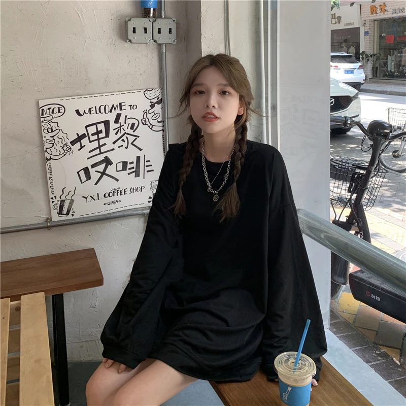 

4606 Осень Корейская версия 2021 Новинка дикая Повседневная Свободная Базовая однотонная толстовка средней длины с круглым вырезом