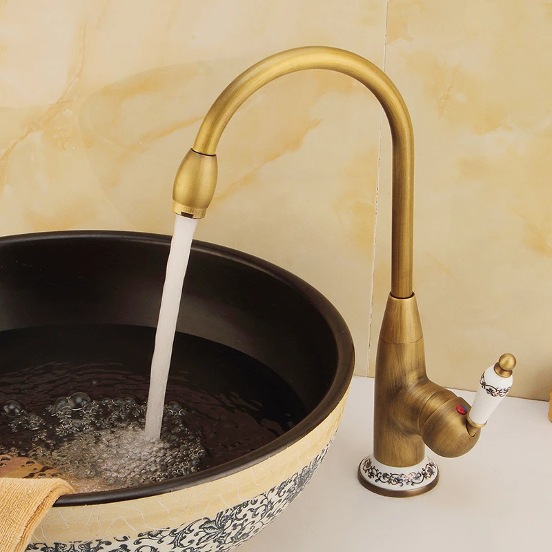 

European Antique Kitchen Faucet Brass Medieval Retro Style Cold And Hot Basin Tap Rotatable Gold Ceramic Wire Drawing Process