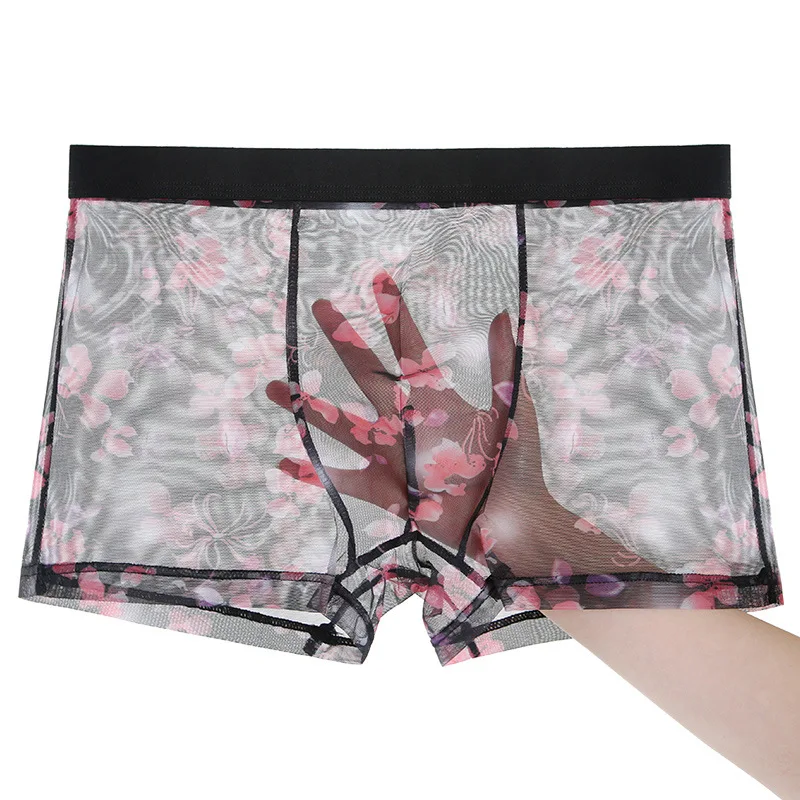 

Summer Men Panties Soft Transparent Ultra-thin Underpants Male Simple Fashion Solid Color Sexy Mesh Floral Print