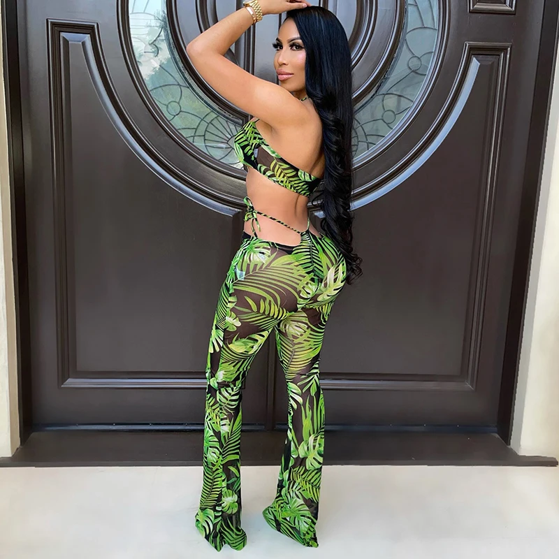 

Beyprern Beautiful Halter Neck Cut Out Pants Set Two-Piece Outfits Summer Fashion Palm Print Laced Mesh Set Party Club Wears