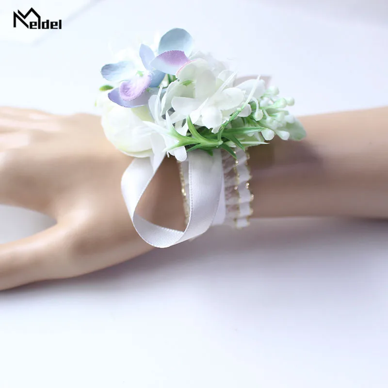 Meldel Wedding Wrist Corsage Groom Boutonnieres Quality Bridal Flower Girl Bracelet Men White Boutonniere |