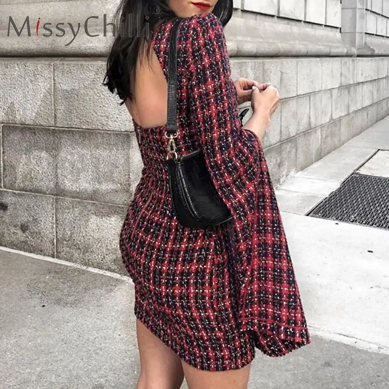 Женское твидовое платье с разрезом MissyChilli клетчатое Короткое облегающее