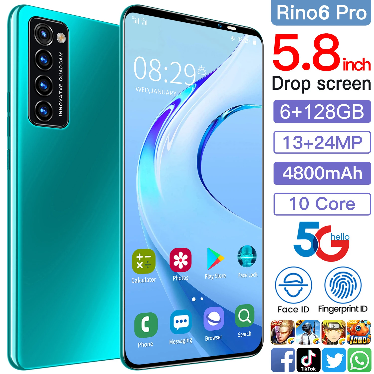 

Rino6 pro 5.8 Inch Smartphones 6+128GB 10 Core 4800mAh Andriod 10 Mobile Phone Face ID Cellphones Dual SIM 13+24MP Andriod Phone