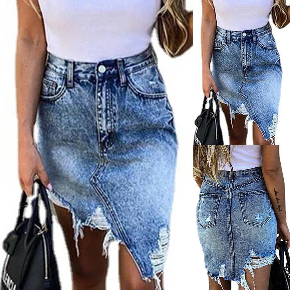 

Bodycon Irregular Denim Skirt Fashion Women Summer Sexy Casual Vintage Style Skirt Tassel Faded and Distressed Ripped Skirt