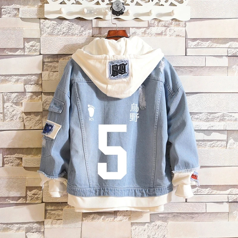 

Anime Haikyuu!! Men Denim Jacket Shoyo Hinata Sewatshirts Tobio Kageyama Cosplay Jeans Jackets Halloween Adult Hooded Coats