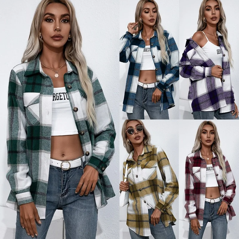 

2021 Shirt Autumn and Winter Thick vintage blouses Plaid long sleeve top Loose button up shirts women Casual women-clothing