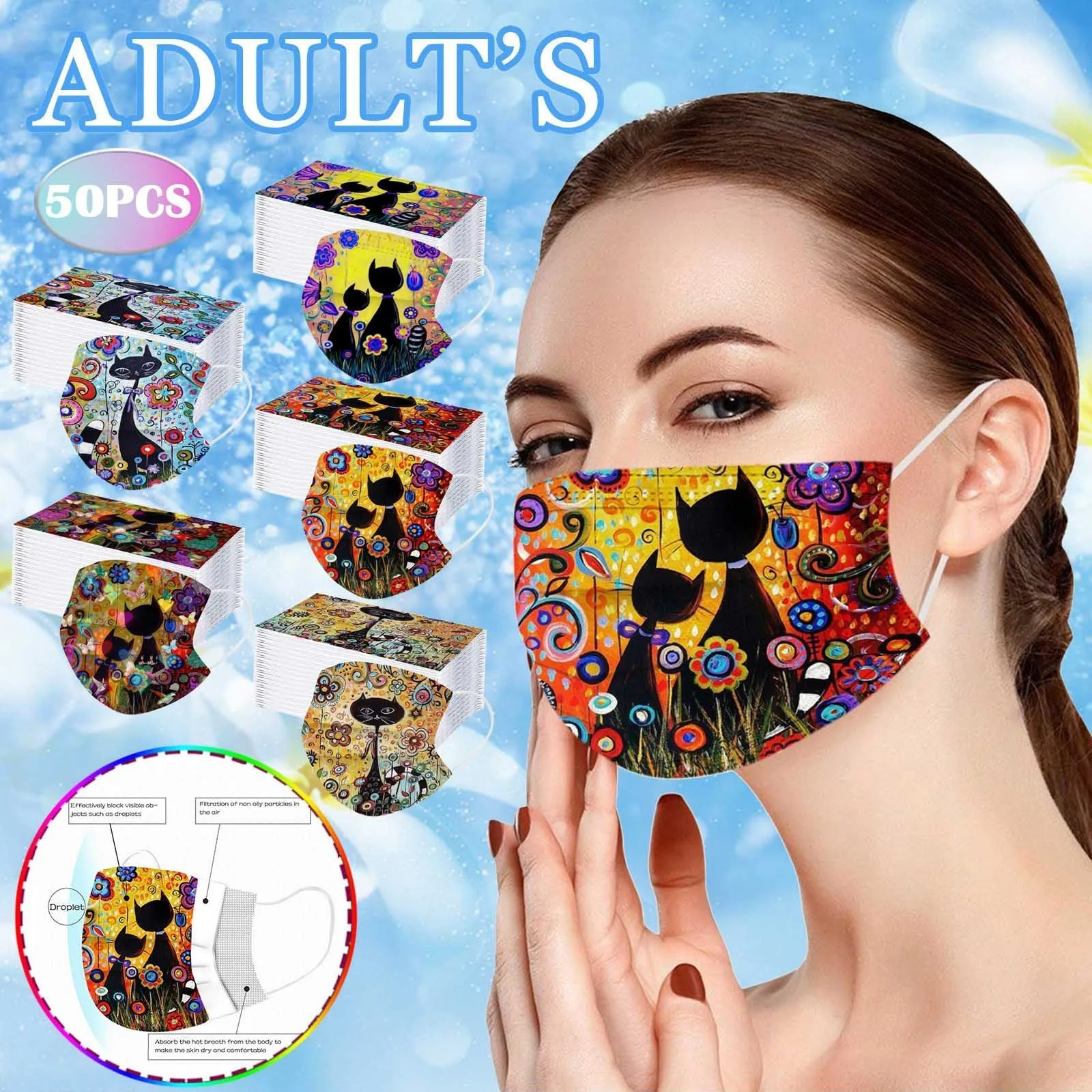 

50PCS Disposable Dustproof masque Cat mascara Adult Cosplay Flower Protector Print Mask 3-Layer Cartoon Facial mascherina