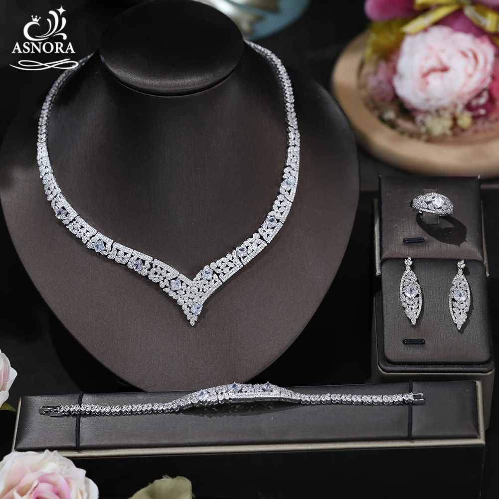 ASNORA Cubic Zirconia Women Jewelry Set Bridal Simple Golden Necklace Fashion Wedding Engagement 4-Piece Jewelry  X0092