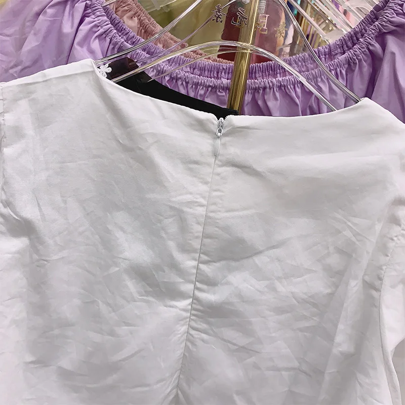 

Crop Top for Women Retro Court Style White Shirt Women's Summer Short Puff Sleeve Lace All-match Round Neck Blouse Black Blusas