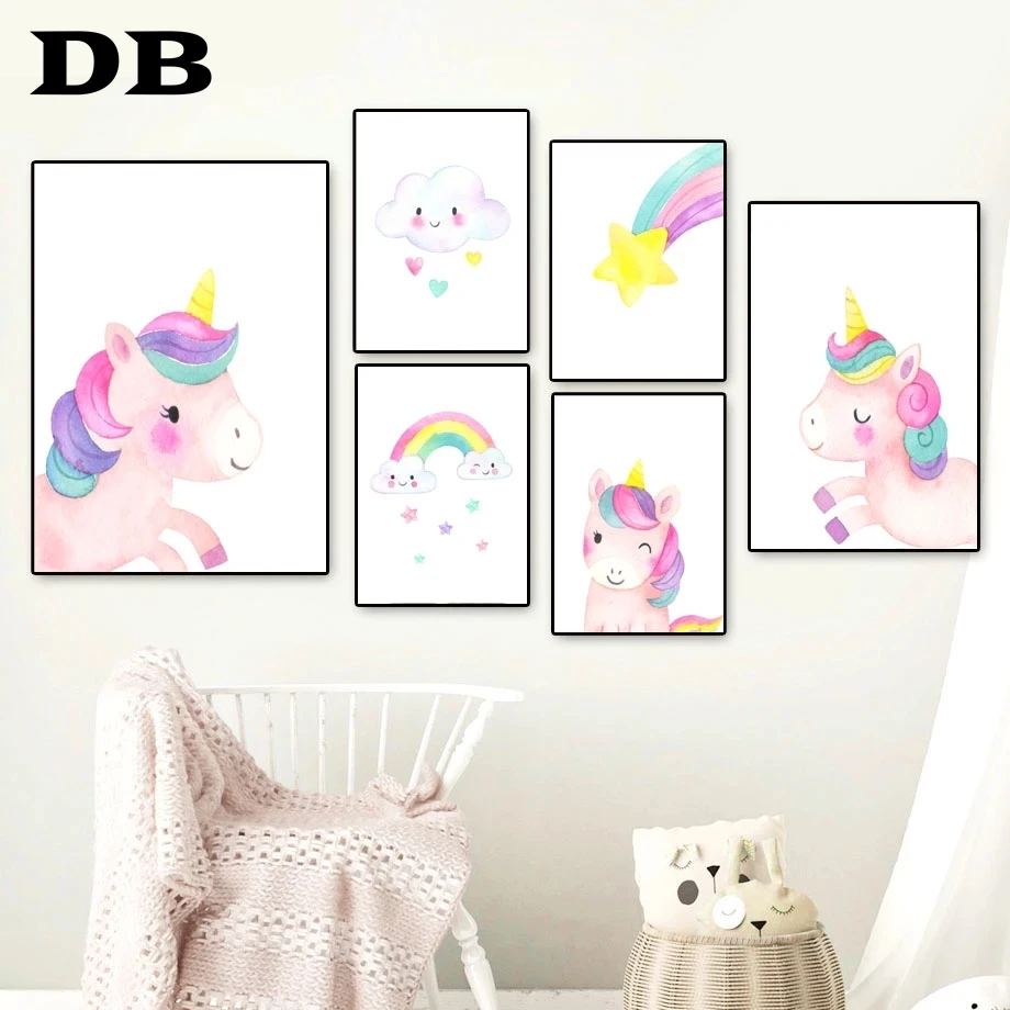 

Cartoon Unicorn Rainbow Cloud Stars Nordic Posters And Prints Wall Art Canvas Painting Nursery Wall Pictures For Kids Room Decor