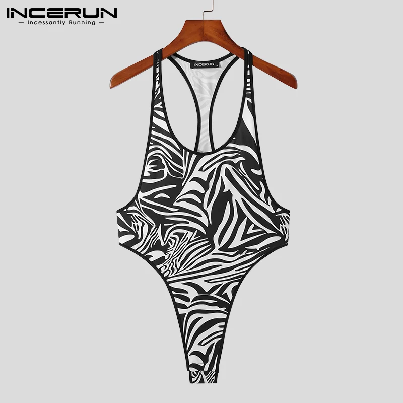 

Комбинезон INCERUN мужской с принтом, пикантное нижнее белье с круглым вырезом, без рукавов, дышащий облегающий Ромпер, пижама, 2023