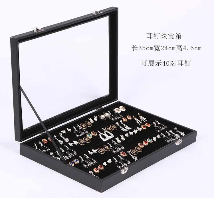 Black Belt Pearl Treasure Storage Box Jewelry Display Box Glass Cover Ring Pearl Treasure Stackable Glass Top Box With Lock