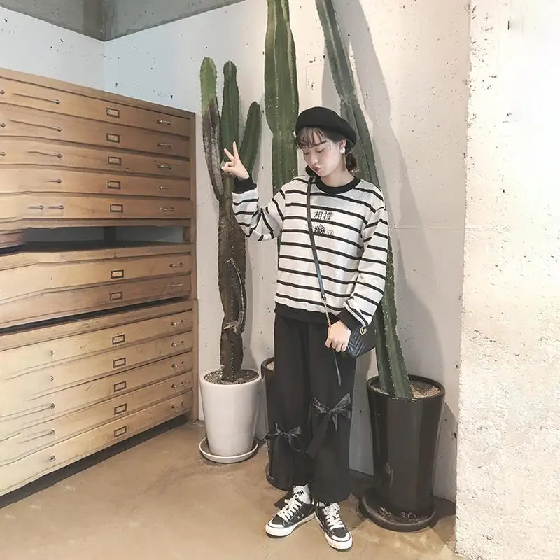 

2021 spring new student women's wide leg pants Japanese college style loose bow straight pants