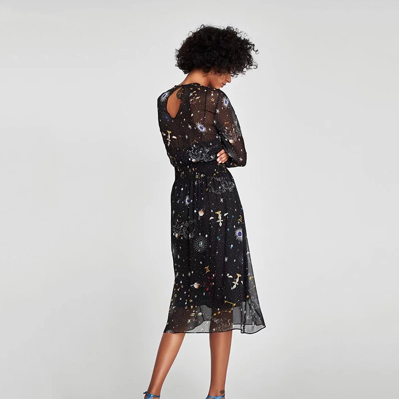 Женское винтажное платье трапециевидной формы ZA Черное длинное из двух