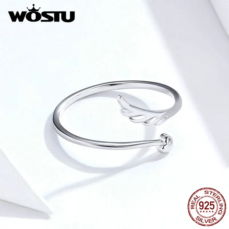 WOSTU 925 пробы Серебряное кольцо с крыльями ангела и сердцем, регулируемые Открытые Кольца для женщин, обручальные свадебные ювелирные изделия, подарки CQR567