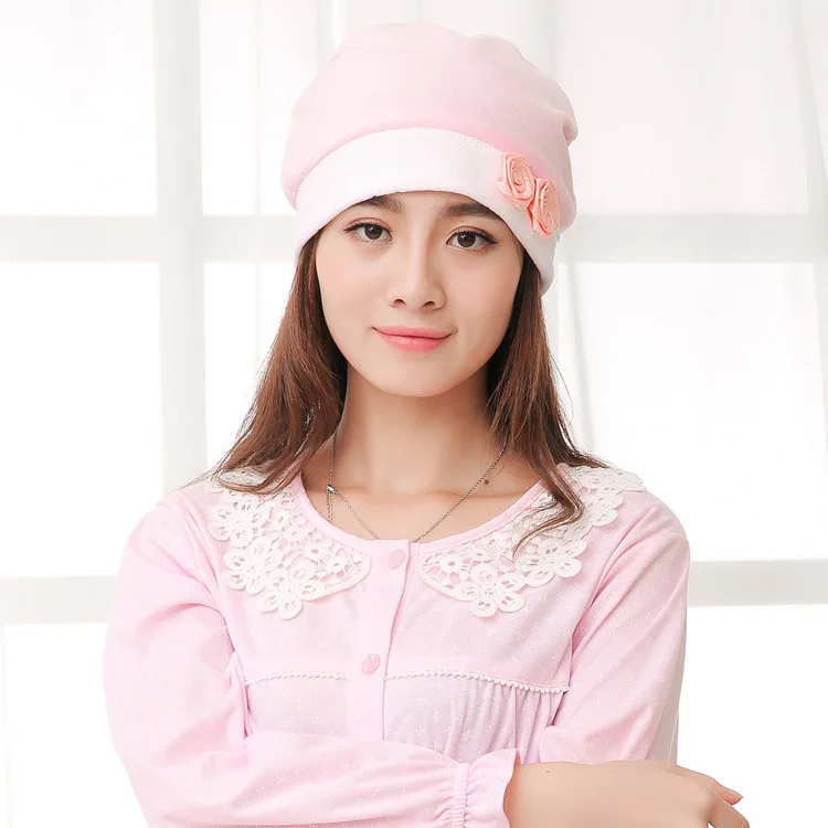 

Maternity hat cotton windproof and warm velvet rose flower confinement hat windproof sleep hat for mom Korean style popular hat
