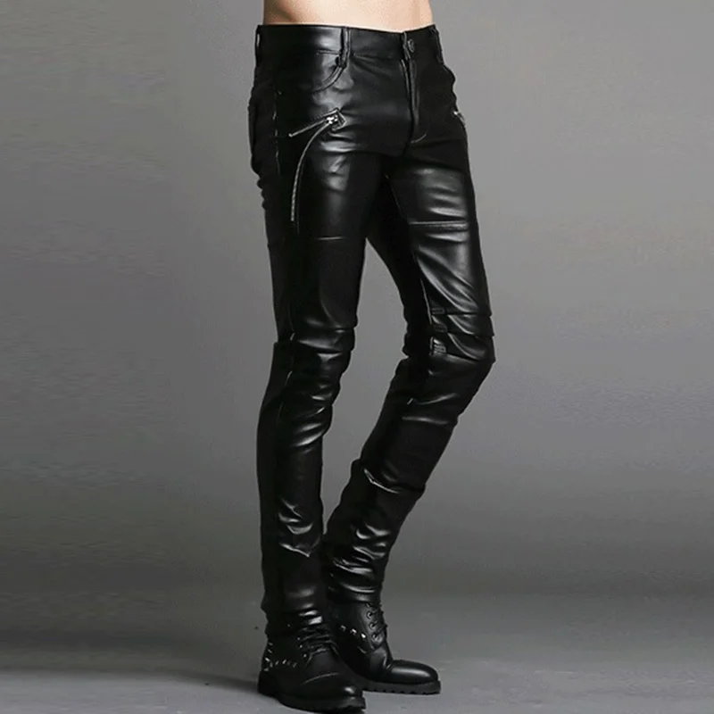 Idopy Men`s Leather Pants Punk Style Skinny Zippers Party Stage Performance Night Club Steampunk Faux PU Leather Trousers images - 6