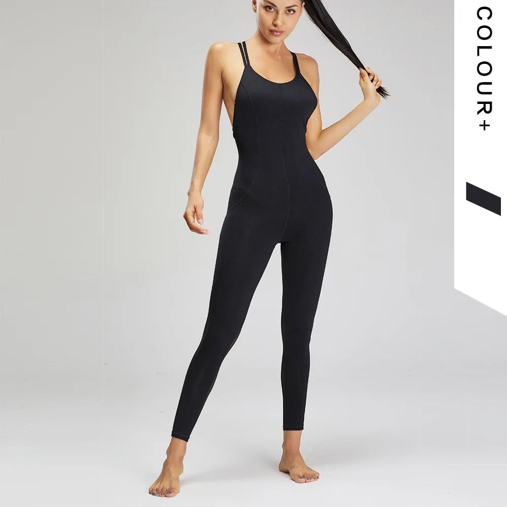 

Pad One piece gym clothing mesh yoga jumpsuit backless workout set slim sport suit women ballet dance bodysuit- bra & leggings
