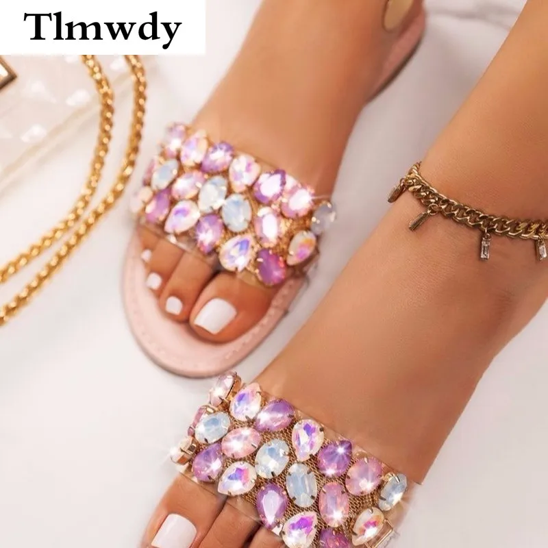 

2021 Women Rhinestone Sandals Outdoor Cool Slippers Fashion Women's Summer Flat Women Shoes Beach Shoes Woman Zapatos De Mujer