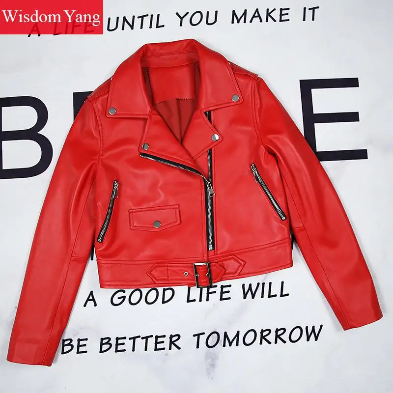 Genuine Sheepskin Leather Short Jackets Coat Womens Autumn Black Red Khaki Biker Coat Moto Ladies Streetwear Outerwear Overcoat